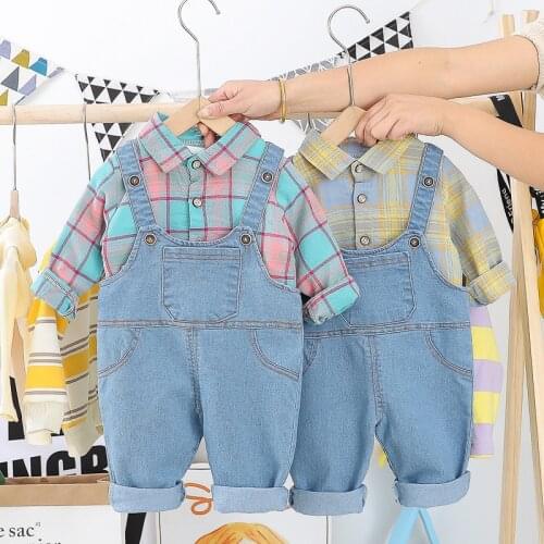 JY 2Piece/Set Boy Gentleman Grid Shirt+Denim Pant Two-Piece Casual Set 80-110 XZ01