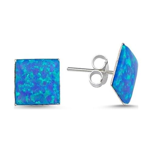 KUTAYDAN 8,5mm Square Blue Opal Earrings 925 Sterling Silver