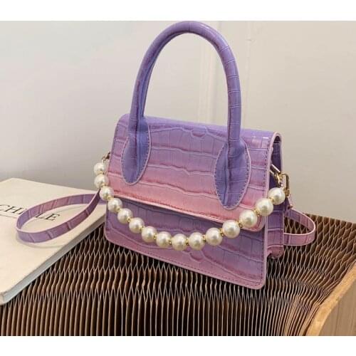 Fashion small bag 2021 new transition color crocodile print handbag pearl chain one-shoulder stiletto womens bag