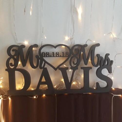 Custom wedding table logo and surname wedding decorated with the logo of Mr. and Mrs
