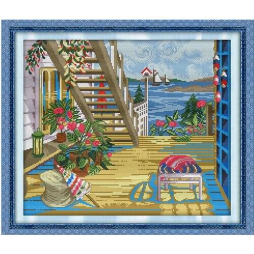 The seaside villa cross stitch kit building in summer 14ct Pattern printed DMC embroidery handmade needlework craft supplies