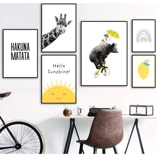 Wall Art Canvas Painting Yellow Umbrella Dog Bear Giraffe Lemon Cartoon Nordic Posters And Prints Wall Pictures For Kids Room