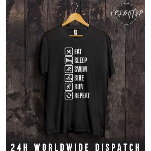 New 2019 Fashion Men High Quality Tees Eat Sleep Swim Bike Run Repeat T Shirt Fit Gym Running Sport Training T-Shirts