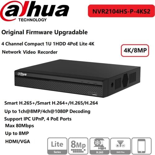 Original Dahua NVR NVR2104HS-P-4KS2 4Channel 1U 1HDD 4PoE Lite 4K H.265 Network Video Recorder Support IP Camera UPnP HDMI/VGA