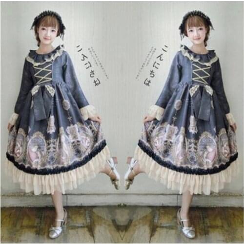 Cute printing kawaii girl gothic lolita op loli cosplay sweet lolita dress Vintage ruffled Puff Sleeve Lace victorian dress