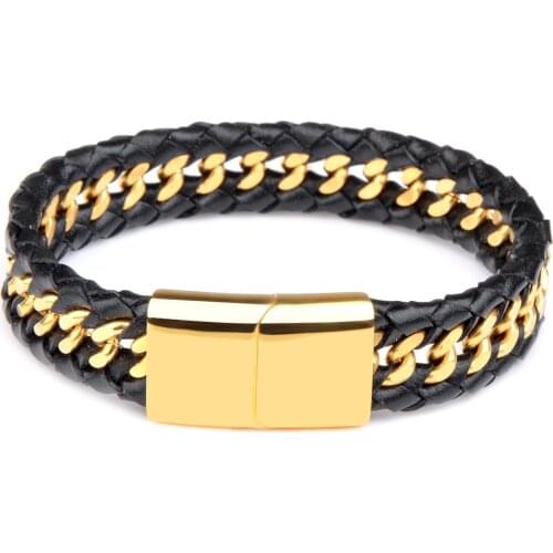 Braided Genuine Leather Bracelet For Men Rope Woven Fashion Trendy Charm Gold Stainless Steel Magnet Bangles Jewelry