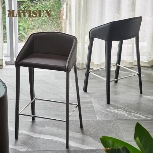 Nordic Light Luxury Saddle Leather Bar Stool Modern Minimalist Home Upholstered Backrest Chair Cafe Kitchen Restaurant Chair