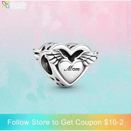 Smuxin 925 Sterling Silver Charm Angel Wings & Mum Charm fit Original Pandora Bracelets Women Jewelry Making Girl DIY Jewelry