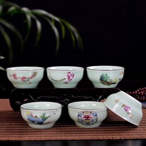 WSHYUFEI Chinese Longquan Celadon Porcelain Handmade Teacups Hand painted Ceramic teacup Master Cup Personal Cup Drinkware