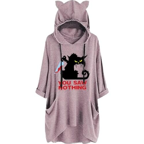 YOU SAW NOTHING Women Cute Kawaii Hoodie 2021 Fashion Ears Sweatshirt Long Sleeve Loose Ferocious Cat Print Harajuku Hoodie