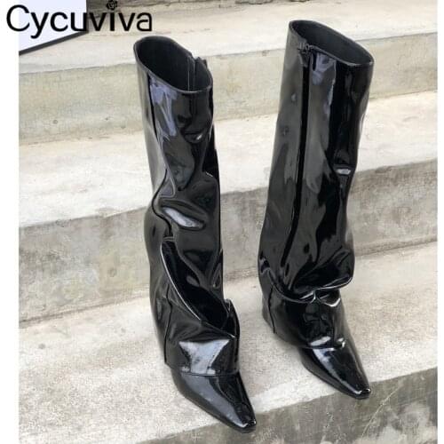Zip Side Fold Leather Riding Boots Women Wedges Pointed Toe High Heel Botas Casual Designer Black Red Winter Bottnes Female Shoe