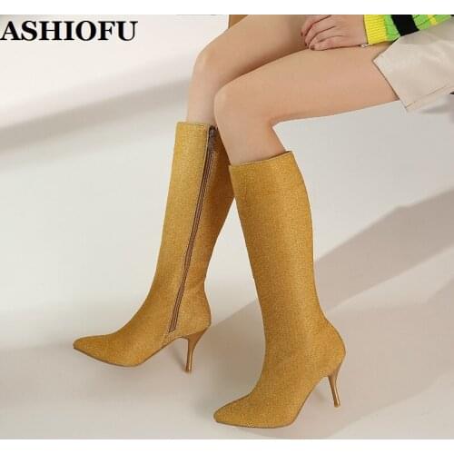 ASHIOFU 2020 Wholesale Real Pictures Womens High Heels Boots Shinny Leather Party Mid-calf Booties Evening Club Fashion Boots
