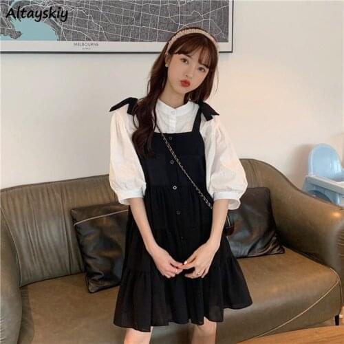 Sets Women Solid Puff Sleeve O-neck Shirts Ruffles A-line Dresses Kawaii Korean Style Fashion Popular New Casual Summer 2 Pieces