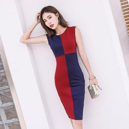 Sexy Party Bodycon Contrast Office Dresses Summer High-end Women Sleeveless O Neck Pencil Dresses Vintage Bandage Dress Vestidos
