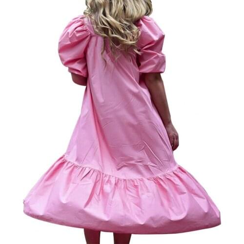 Women Summer Dress Skin-friendly Stylish Solid Color Puff Sleeve Summer Square Neck Ruffled Hem Dress for Party