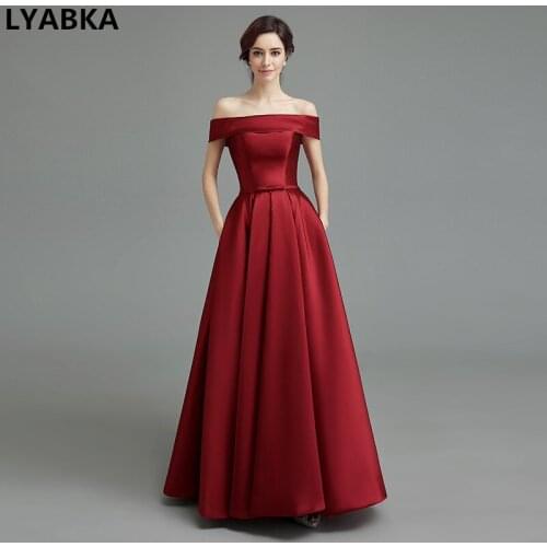 Evening Dress Abendkleider 2019 Cheap Sexy Boat Neck Burgundy Prom Dresses Satin With Bow Draped Evening Dresses Robe De Soiree