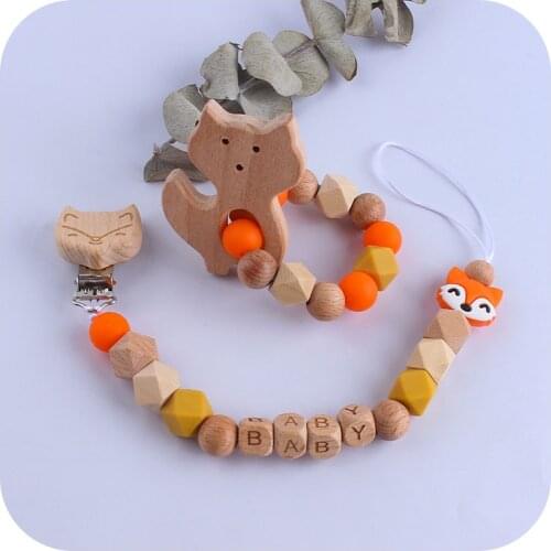 2Pcs/set Beech Wooden Fox Clip Pacifier Customized Baby Name Teether Bracelet Toy Rattle