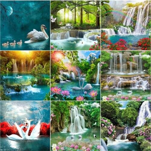 AZQSD DIY Diamond Art Painting Kits Waterfall Tree Home Decor Diamond Mosaic Swan Cross Stitch Full Square Drill Handmade Gift
