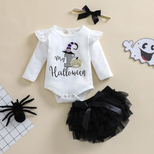 My First Halloween Outfits Newborn Infant Baby Girl Long Sleeve Romper Tulle Layer Skirt Bow Headband 3pcs Clothes Sets 0-18M