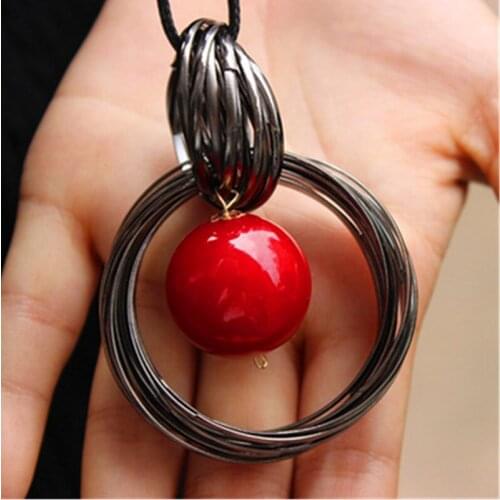 Red White Pearl Ball Pendant Long Necklaces New Circles Simulated Women Black Chain Maxi Necklace Fashion Jewelry Wholesale Gift