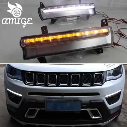 DNO LED Daytime Running Headlamps For Jeep Compass 2016 2017 2018 2019 Daylights Yellow Turn Signal Car DRL Foglamp