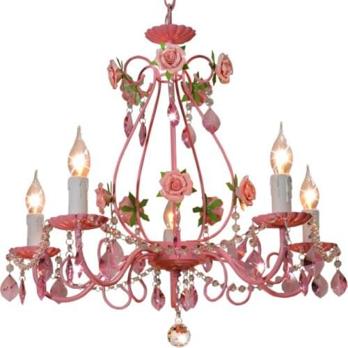 European Pink Flowers Crystal Chandeliers Lighting Fixture E14 Modern Metal Restaurant Bedroom Living Room Hanging Lamp PL620