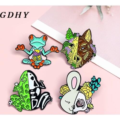GDHY Frog Rabbit Wolf Skull Brooches Flowers plants Anatomy Viscera Organ Skeleton Enamel Pin Badge Lapel Animal Jewelry Gift