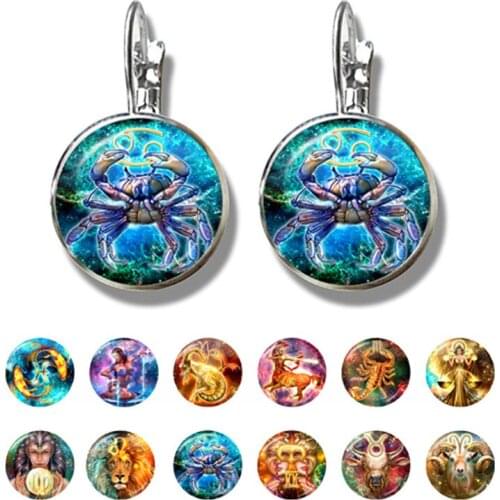 Hot Fashion Esoteric 12 Constellation Earrings Glass Dome Jewelry Zodiac Sign Ear Stud Earring Women Girls Birthday Gifts