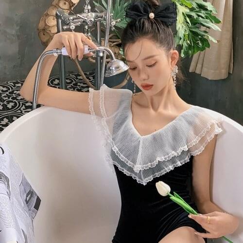 Bathing Suit Women One Piece Beach Wear Swimsuit Peice Bikini Contrast White Ruffle No Underwire Bracket Korean Print Polyester