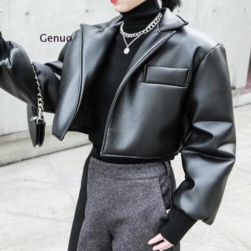 Vintage Pu Leather Womens Jacket Lapel Collar Long Sleeve Thick Short Females Coat 2020 Autumn Fashion Clothes New