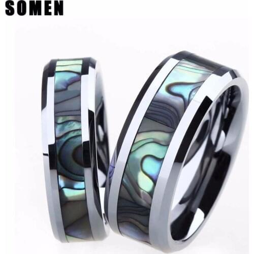 2Pcs 6MM&8MM Ring Set For Couple Tungsten Ring Luxury Abalone Shell Wedding Engagement Ring Lovers Jewellery alliance anel boho