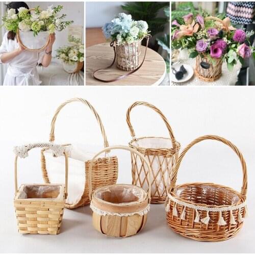 Natural Rattan Woven Portable Flower Basket Fruit Basket Portable Hand for Wedding Party Arrangement Planting Home Storage Decor
