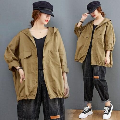 Large Size Casual Tooling Solid Color Hooded Shirt Autumn New Loose Blouse Ladies Black Khaki Women Short Jacket e381