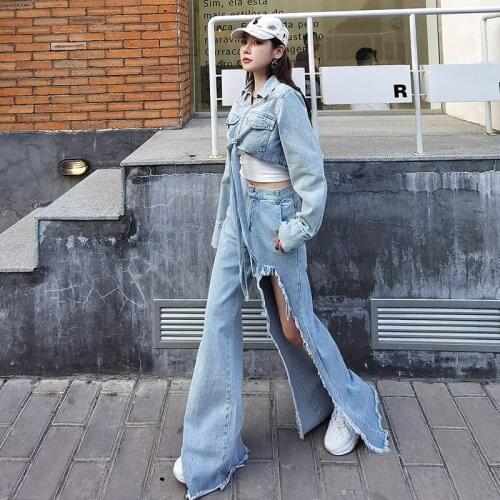 Open leg tearing beggar jeans women high waist long trousers fried Street sagging broad leg pants hot girl tide leisure jean