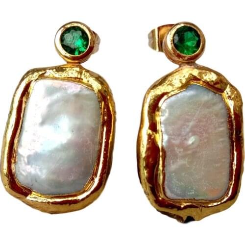 YYGEM Green Cubic Zirconia Pave rectangle Freshwater Cultured White Biwa Pearl gold filled Stud Earrings