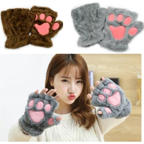 Lovely Plush Cats Claw Gloves Winter Cute Kitten Fingerless Mittens Gloves Cosplay Costume Prop Christmas Halloween Gift