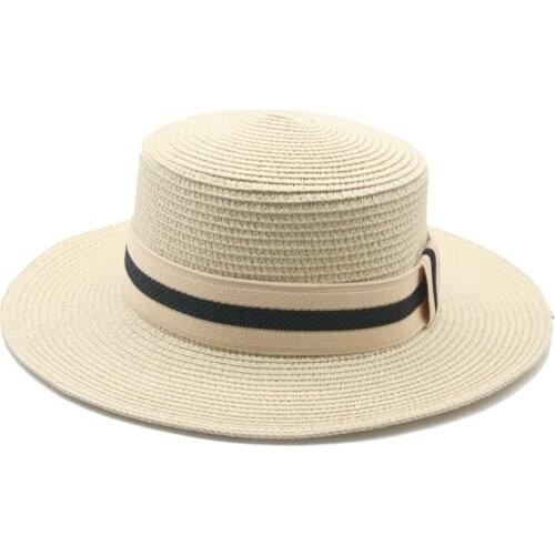 Summer hats women men straw flat top solid belt band striped sun hats wide brim camel khaki black casual outdoor beach straw hat