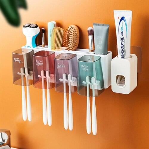 Toothbrush Rack Punch-Free Bathroom Accessories Sets Toothpaste Dispenser Toothbrush Holder Wall-Mounted Holder Tooth Brush Rack