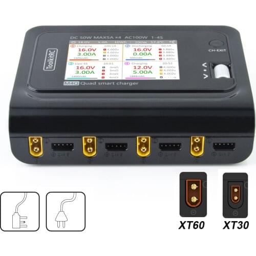 ToolkitRC M4Q 4x50w 5A 1-4S AC 100W 4 Ports XT60 XT30 DC Smart Charger 32 Bit ARM IPS Bright Clear Wide Angle Display