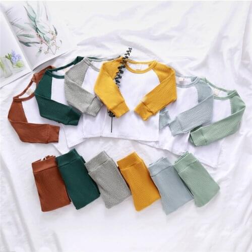 Autumn Infant Boy Girl Long Sleeve Top Trousers Set Fashion Color Contrast T-shirt Elastic Bandage Long Pants Cotton