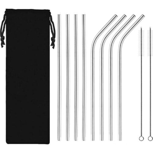 8Pcs Stainless Steel Metal Drinking Straw Straws with 2 Cleaner Brush Kit Tool