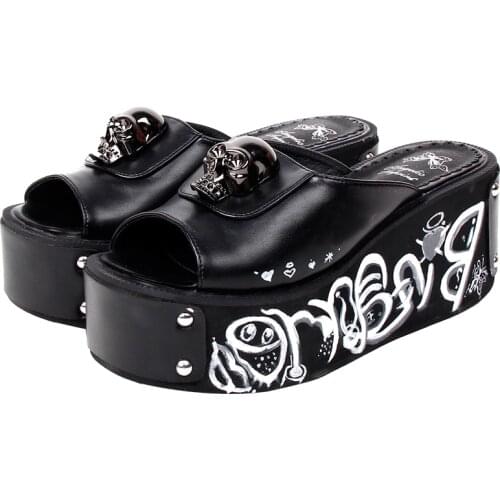 Angelic imprint woman cosplay punk shoes lady high heels pumps girl princess summer dress party sandals Hand Painted rivets