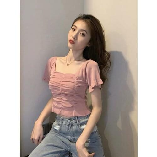 WERUERUYU Collar short-sleeved Shirt Female bubble sleeve stretch skinny sexy clavicle top