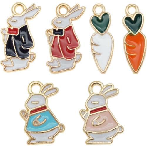 Julie Wang 6PCS Enamel Charms Mixed Rabbit Carrot Gold Tone Animal Vegetables Bracelet Necklace Alloy Jewelry Making Accessory