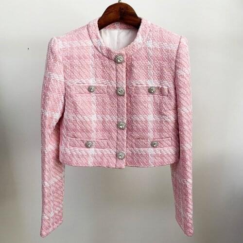 Free Shipping High Quality Newest Autumn Blazer Women Designer Fashion Diamond Buttons Pink Plaid Blazers Jackets Elegant Lady