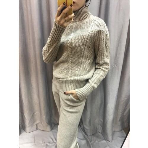 2020 Wool Rushed Quality Woman Cashmere 2 Piece Set Collar Pullover Knit Thread Sweater + Trousers Fashion Warm Suit Female