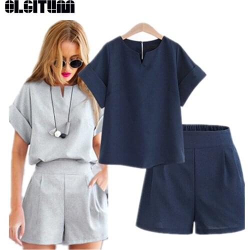 New OLGITUM 2020 Summer Casual Cotton Linen Women Sets V-neck Short Sleeve Two pieces Set Female Office Suit Plus Size WS044