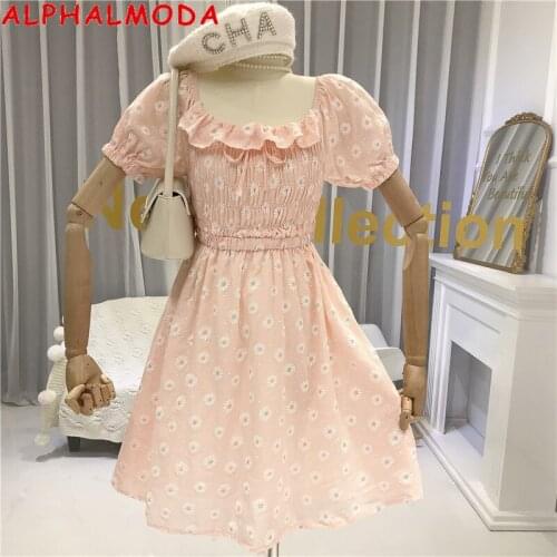 2020 Summer New French Puff Sleeve Square Collar Daisy Dress Female Ruffled off-Shoulder Temperament Skirt