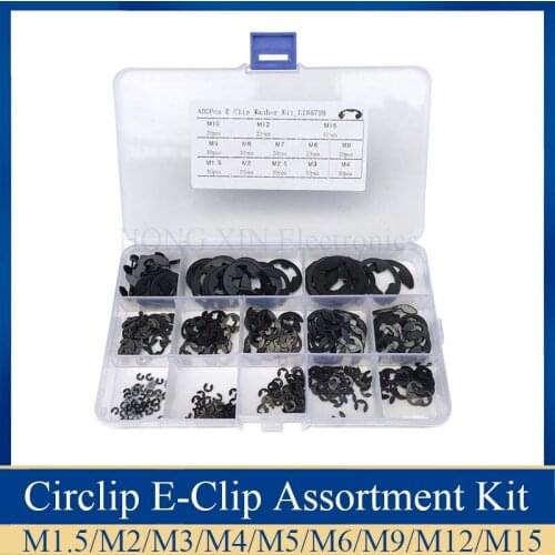 400pcs/set Carbon steel E Clip washer Assortment kit circlip retaining ring for shaft fastener M1.5-M15