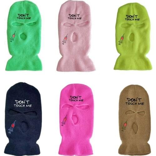 Don‘t Touch Me Letter Embroidery Balaclava Mask Hat Halloween Party Keep Warm Knitted Ski 3 Hole Face Mask Hip Hop Beanie